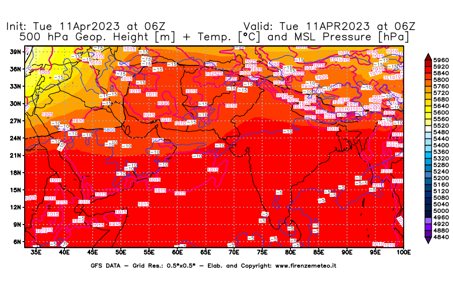 Mappa di analisi GFS - Geopotenziale [m] + Temp. [°C] a 500 hPa + Press. a livello del mare [hPa] in Asia Sud-Occidentale
							del 11/04/2023 06 <!--googleoff: index-->UTC<!--googleon: index-->