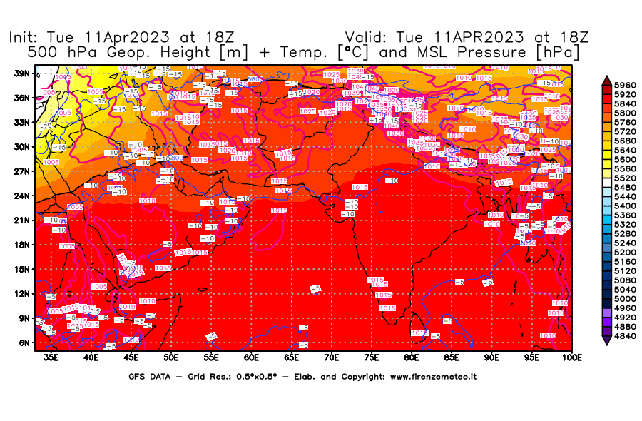 Mappa di analisi GFS - Geopotenziale [m] + Temp. [°C] a 500 hPa + Press. a livello del mare [hPa] in Asia Sud-Occidentale
							del 11/04/2023 18 <!--googleoff: index-->UTC<!--googleon: index-->