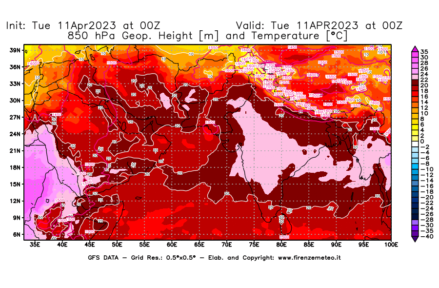 Mappa di analisi GFS - Geopotenziale [m] e Temperatura [°C] a 850 hPa in Asia Sud-Occidentale
							del 11/04/2023 00 <!--googleoff: index-->UTC<!--googleon: index-->