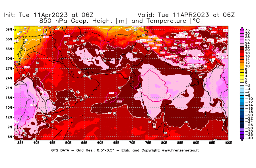 Mappa di analisi GFS - Geopotenziale [m] e Temperatura [°C] a 850 hPa in Asia Sud-Occidentale
							del 11/04/2023 06 <!--googleoff: index-->UTC<!--googleon: index-->