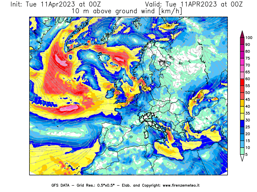 Mappa di analisi GFS - Velocità del vento a 10 metri dal suolo [km/h] in Europa
							del 11/04/2023 00 <!--googleoff: index-->UTC<!--googleon: index-->