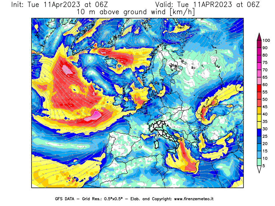 Mappa di analisi GFS - Velocità del vento a 10 metri dal suolo [km/h] in Europa
							del 11/04/2023 06 <!--googleoff: index-->UTC<!--googleon: index-->