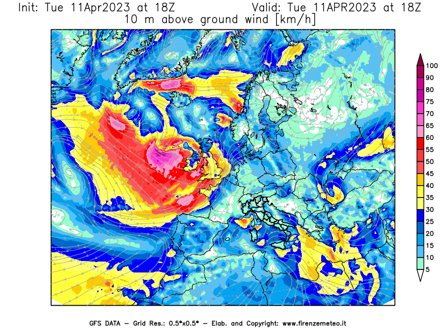 Mappa di analisi GFS - Velocità del vento a 10 metri dal suolo [km/h] in Europa
							del 11/04/2023 18 <!--googleoff: index-->UTC<!--googleon: index-->