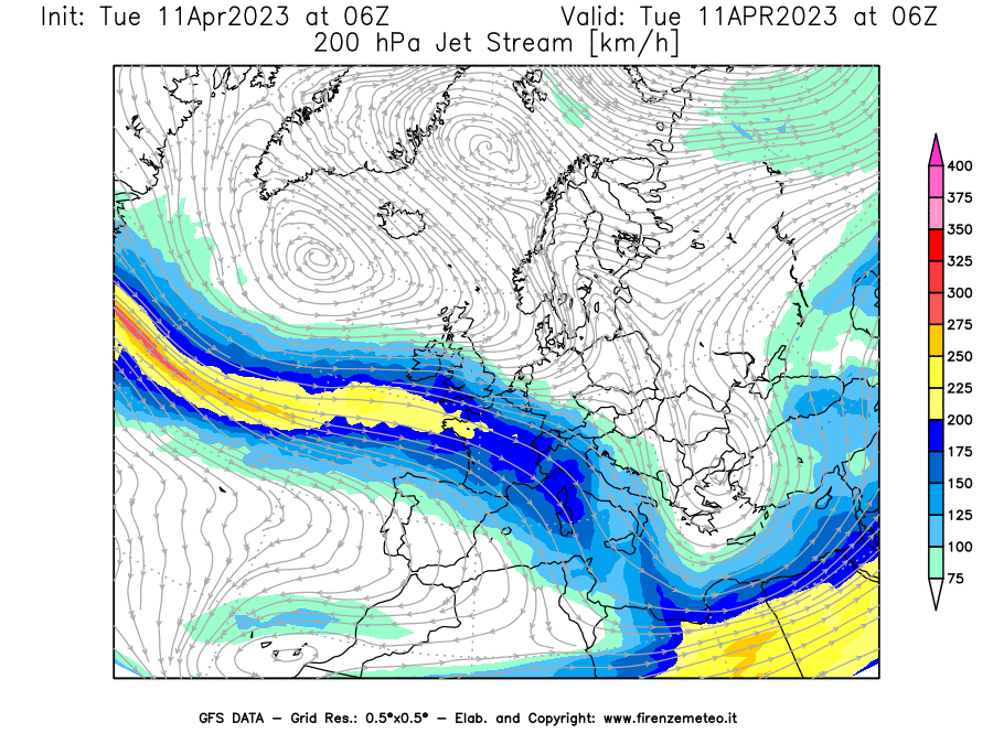 Mappa di analisi GFS - Jet Stream a 200 hPa in Europa
							del 11/04/2023 06 <!--googleoff: index-->UTC<!--googleon: index-->