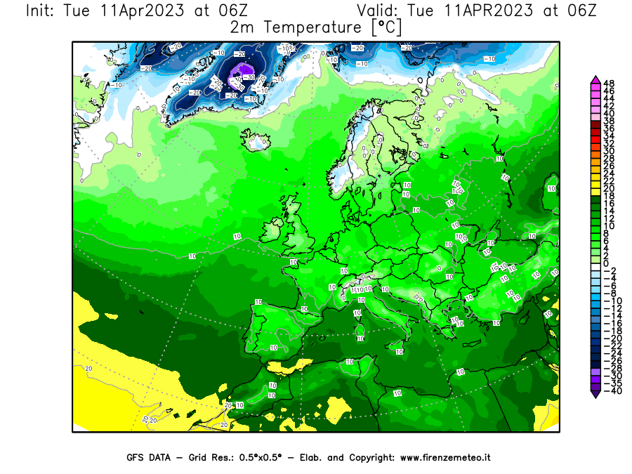 Mappa di analisi GFS - Temperatura a 2 metri dal suolo [°C] in Europa
							del 11/04/2023 06 <!--googleoff: index-->UTC<!--googleon: index-->