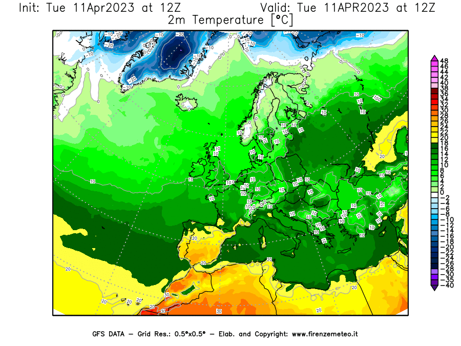 Mappa di analisi GFS - Temperatura a 2 metri dal suolo [°C] in Europa
							del 11/04/2023 12 <!--googleoff: index-->UTC<!--googleon: index-->