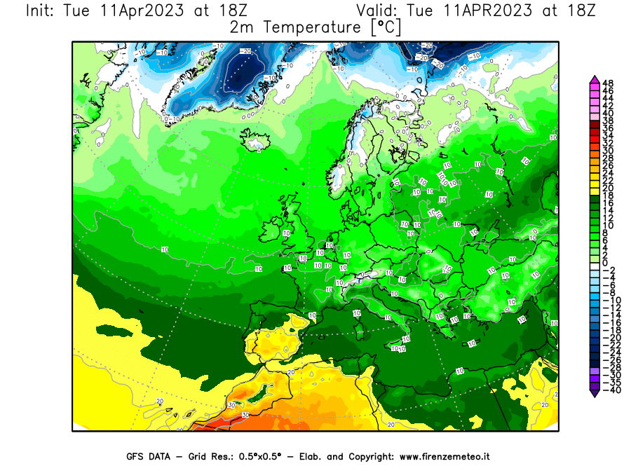 Mappa di analisi GFS - Temperatura a 2 metri dal suolo [°C] in Europa
							del 11/04/2023 18 <!--googleoff: index-->UTC<!--googleon: index-->