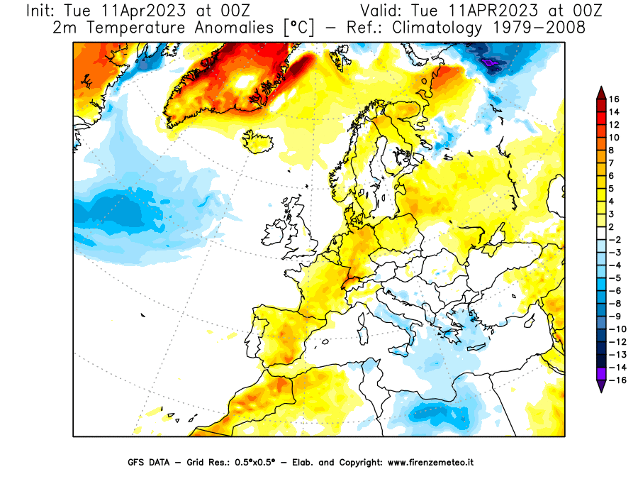 Mappa di analisi GFS - Anomalia Temperatura [°C] a 2 m in Europa
							del 11/04/2023 00 <!--googleoff: index-->UTC<!--googleon: index-->