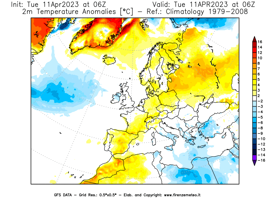 Mappa di analisi GFS - Anomalia Temperatura [°C] a 2 m in Europa
							del 11/04/2023 06 <!--googleoff: index-->UTC<!--googleon: index-->
