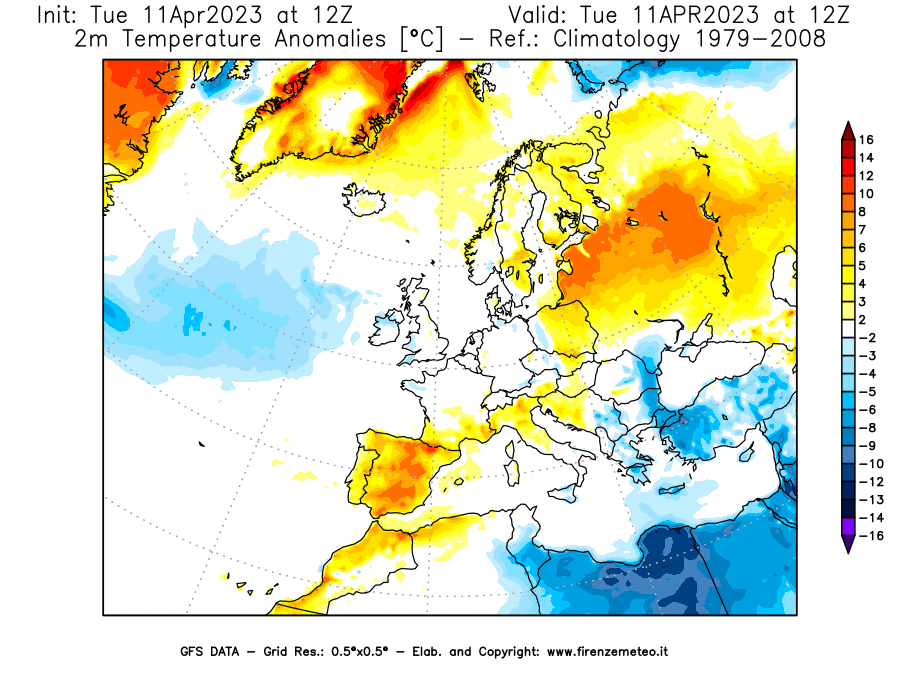 Mappa di analisi GFS - Anomalia Temperatura [°C] a 2 m in Europa
							del 11/04/2023 12 <!--googleoff: index-->UTC<!--googleon: index-->