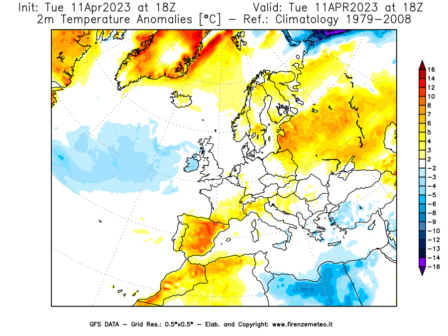 Mappa di analisi GFS - Anomalia Temperatura [°C] a 2 m in Europa
							del 11/04/2023 18 <!--googleoff: index-->UTC<!--googleon: index-->