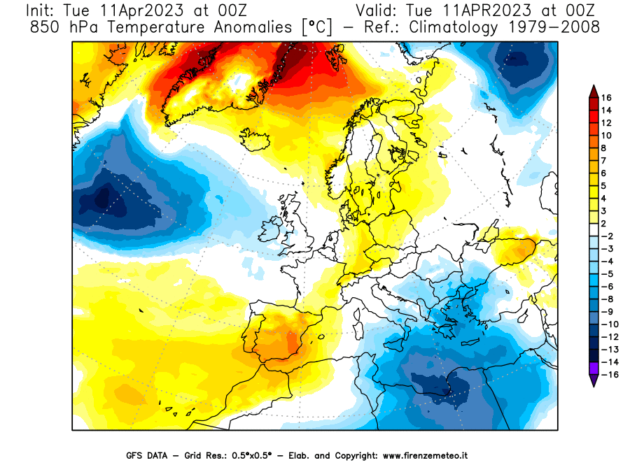 Mappa di analisi GFS - Anomalia Temperatura [°C] a 850 hPa in Europa
							del 11/04/2023 00 <!--googleoff: index-->UTC<!--googleon: index-->