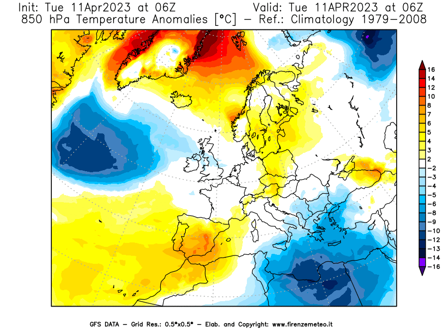 Mappa di analisi GFS - Anomalia Temperatura [°C] a 850 hPa in Europa
							del 11/04/2023 06 <!--googleoff: index-->UTC<!--googleon: index-->