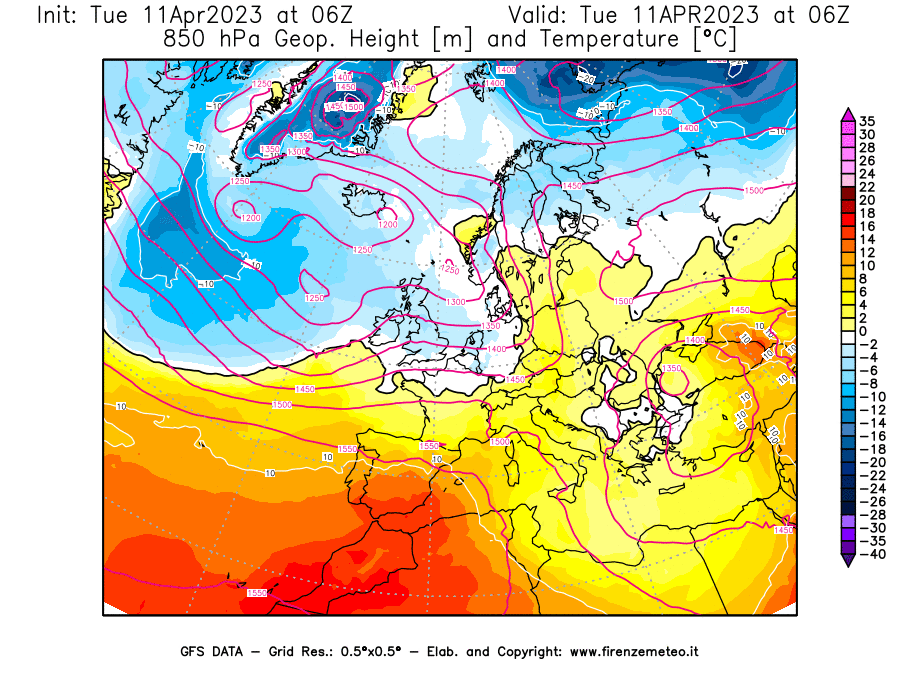 Mappa di analisi GFS - Geopotenziale [m] e Temperatura [°C] a 850 hPa in Europa
							del 11/04/2023 06 <!--googleoff: index-->UTC<!--googleon: index-->