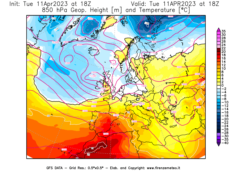 Mappa di analisi GFS - Geopotenziale [m] e Temperatura [°C] a 850 hPa in Europa
							del 11/04/2023 18 <!--googleoff: index-->UTC<!--googleon: index-->