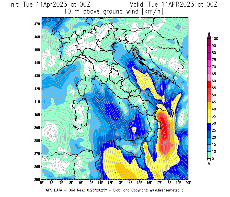 Mappa di analisi GFS - Velocità del vento a 10 metri dal suolo [km/h] in Italia
							del 11/04/2023 00 <!--googleoff: index-->UTC<!--googleon: index-->