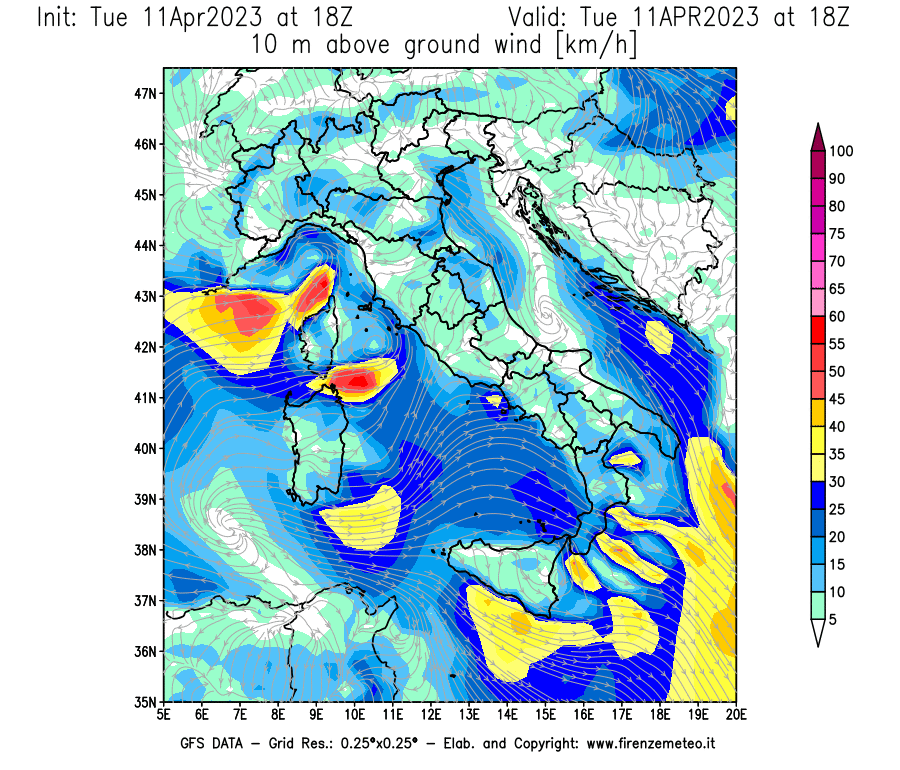 Mappa di analisi GFS - Velocità del vento a 10 metri dal suolo [km/h] in Italia
							del 11/04/2023 18 <!--googleoff: index-->UTC<!--googleon: index-->