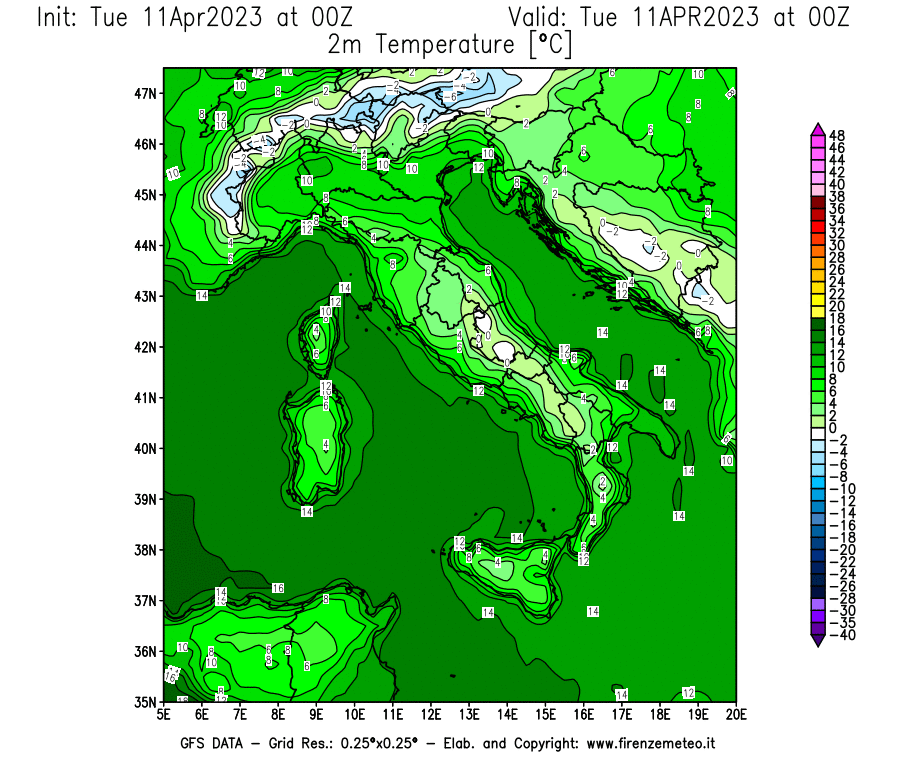 Mappa di analisi GFS - Temperatura a 2 metri dal suolo [°C] in Italia
							del 11/04/2023 00 <!--googleoff: index-->UTC<!--googleon: index-->