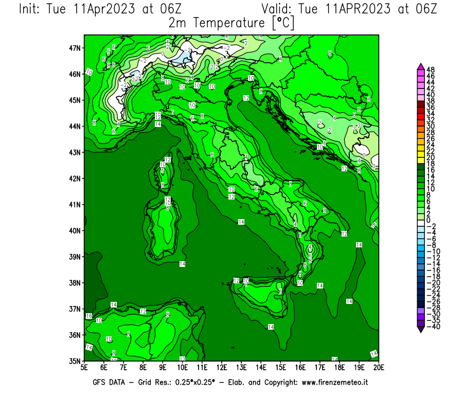 Mappa di analisi GFS - Temperatura a 2 metri dal suolo [°C] in Italia
							del 11/04/2023 06 <!--googleoff: index-->UTC<!--googleon: index-->