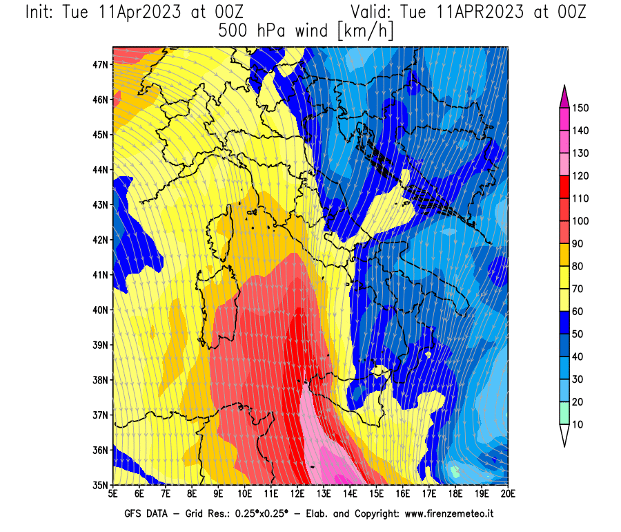 Mappa di analisi GFS - Velocità del vento a 500 hPa [km/h] in Italia
							del 11/04/2023 00 <!--googleoff: index-->UTC<!--googleon: index-->