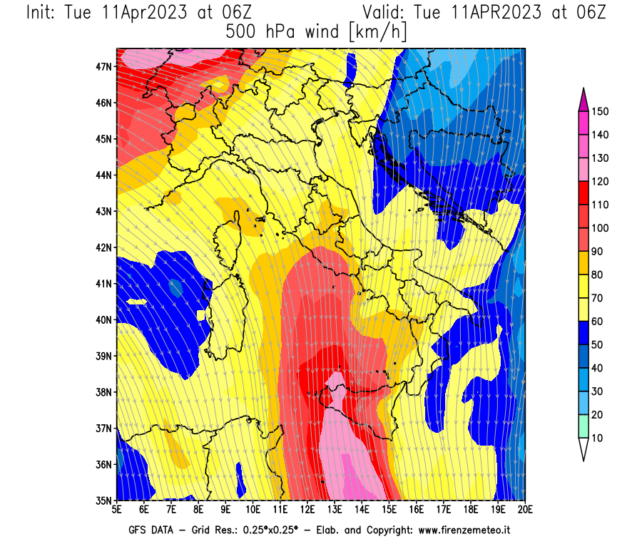 Mappa di analisi GFS - Velocità del vento a 500 hPa [km/h] in Italia
							del 11/04/2023 06 <!--googleoff: index-->UTC<!--googleon: index-->