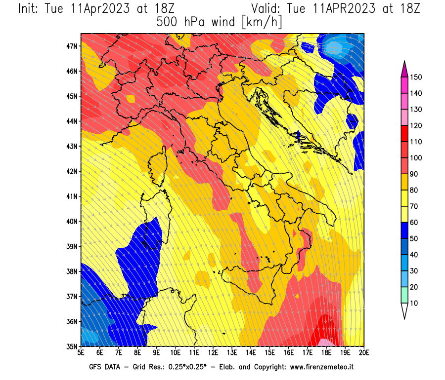 Mappa di analisi GFS - Velocità del vento a 500 hPa [km/h] in Italia
							del 11/04/2023 18 <!--googleoff: index-->UTC<!--googleon: index-->
