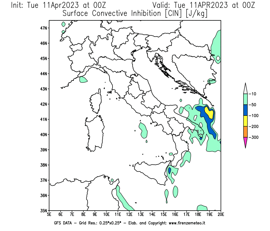 Mappa di analisi GFS - CIN [J/kg] in Italia
							del 11/04/2023 00 <!--googleoff: index-->UTC<!--googleon: index-->