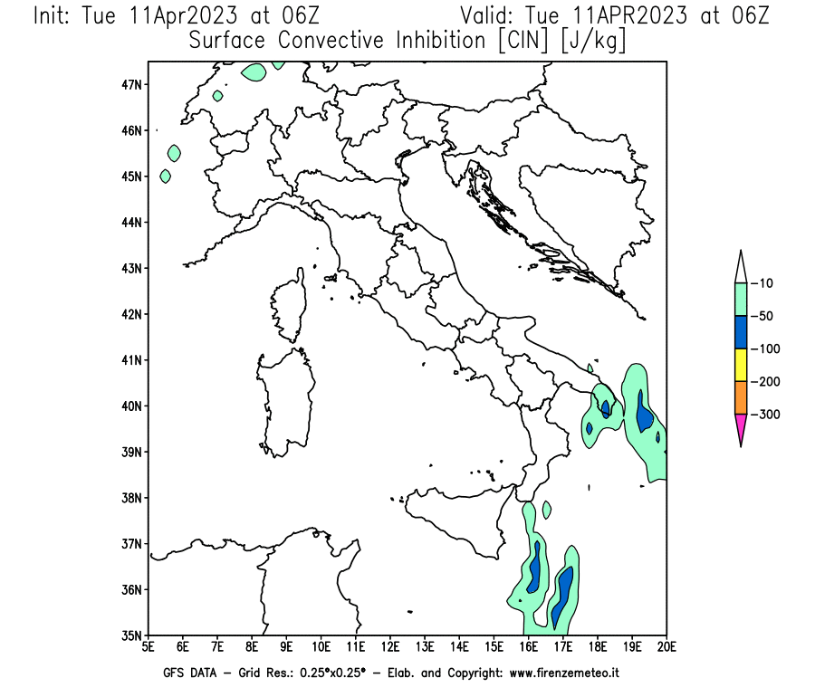 Mappa di analisi GFS - CIN [J/kg] in Italia
							del 11/04/2023 06 <!--googleoff: index-->UTC<!--googleon: index-->