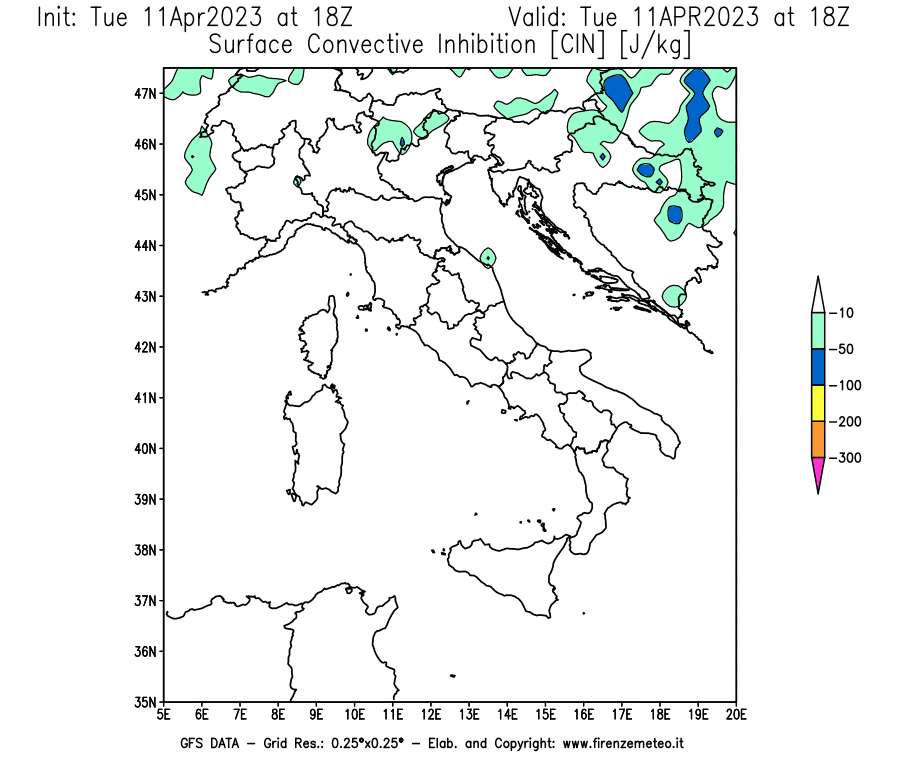 Mappa di analisi GFS - CIN [J/kg] in Italia
							del 11/04/2023 18 <!--googleoff: index-->UTC<!--googleon: index-->