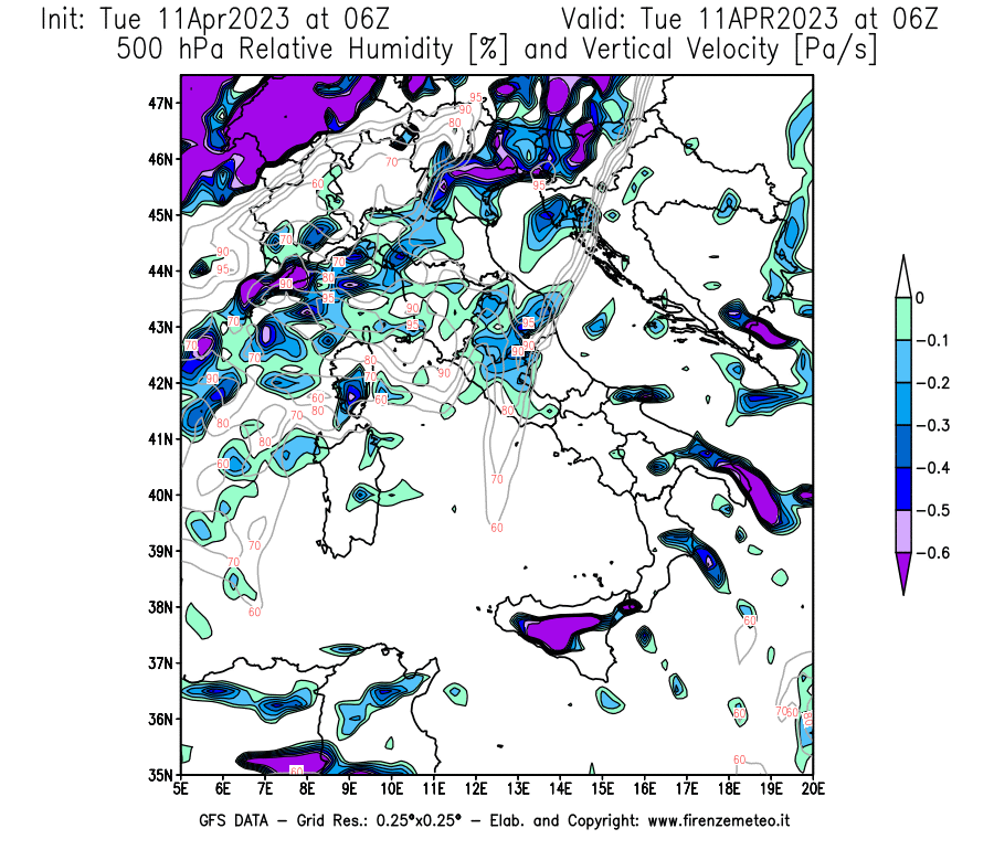 Mappa di analisi GFS - Umidità relativa [%] e Omega [Pa/s] a 500 hPa in Italia
							del 11/04/2023 06 <!--googleoff: index-->UTC<!--googleon: index-->