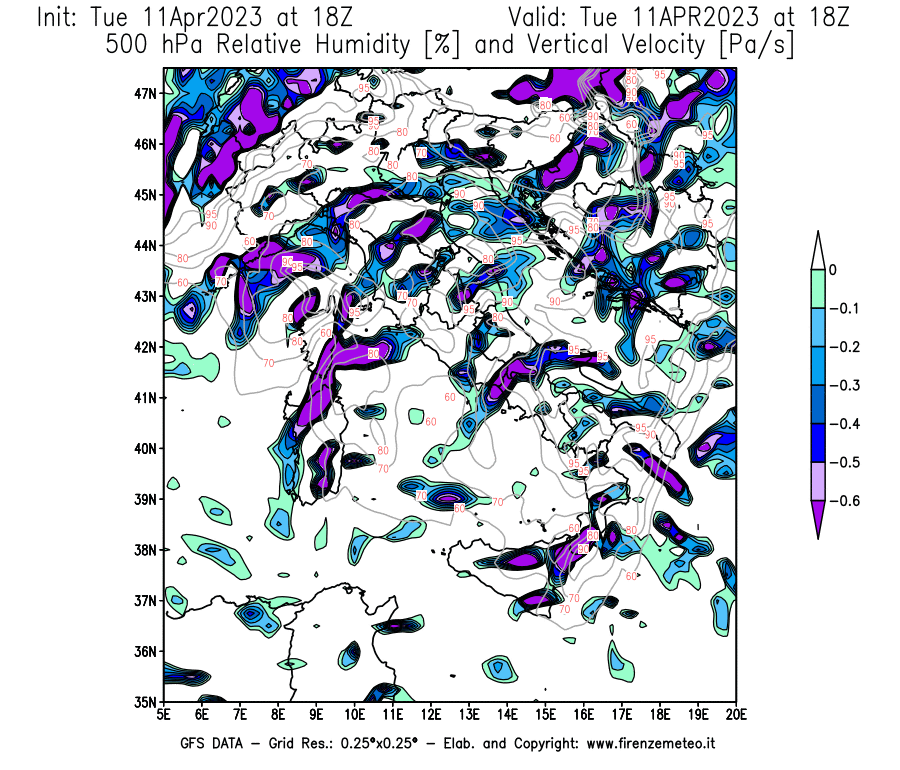 Mappa di analisi GFS - Umidità relativa [%] e Omega [Pa/s] a 500 hPa in Italia
							del 11/04/2023 18 <!--googleoff: index-->UTC<!--googleon: index-->