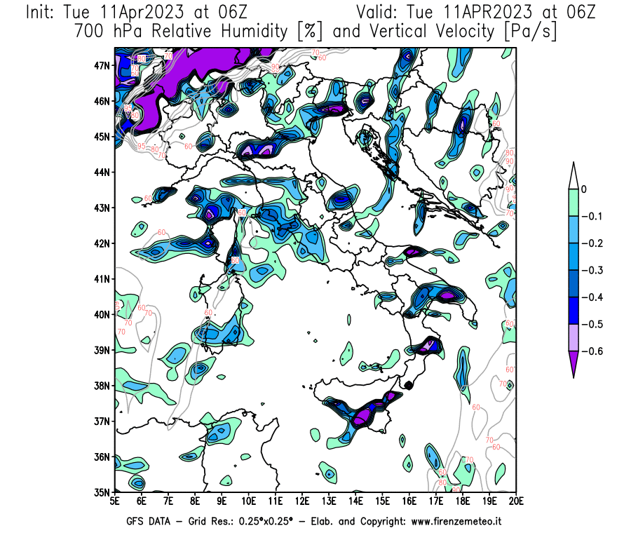 Mappa di analisi GFS - Umidità relativa [%] e Omega [Pa/s] a 700 hPa in Italia
							del 11/04/2023 06 <!--googleoff: index-->UTC<!--googleon: index-->