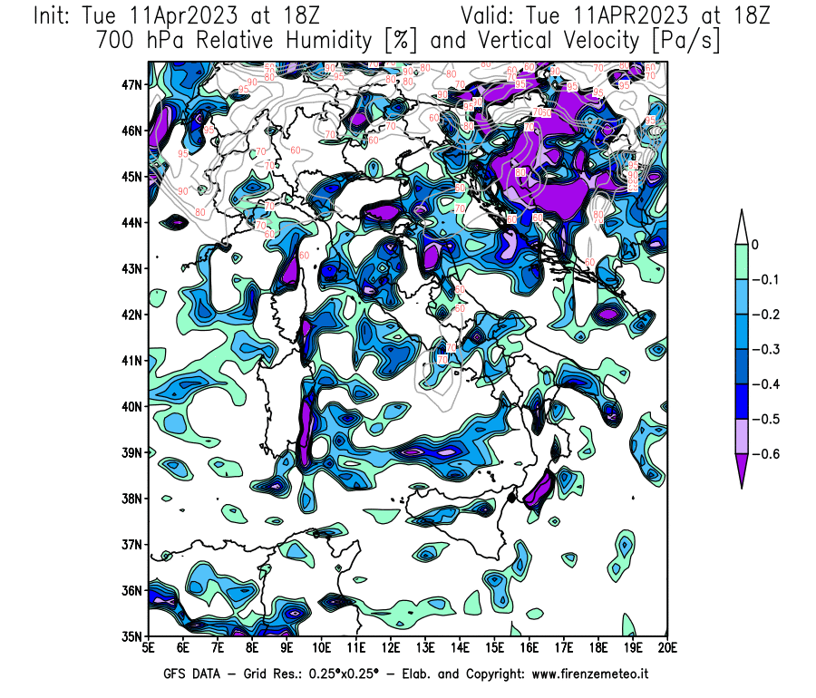 Mappa di analisi GFS - Umidità relativa [%] e Omega [Pa/s] a 700 hPa in Italia
							del 11/04/2023 18 <!--googleoff: index-->UTC<!--googleon: index-->