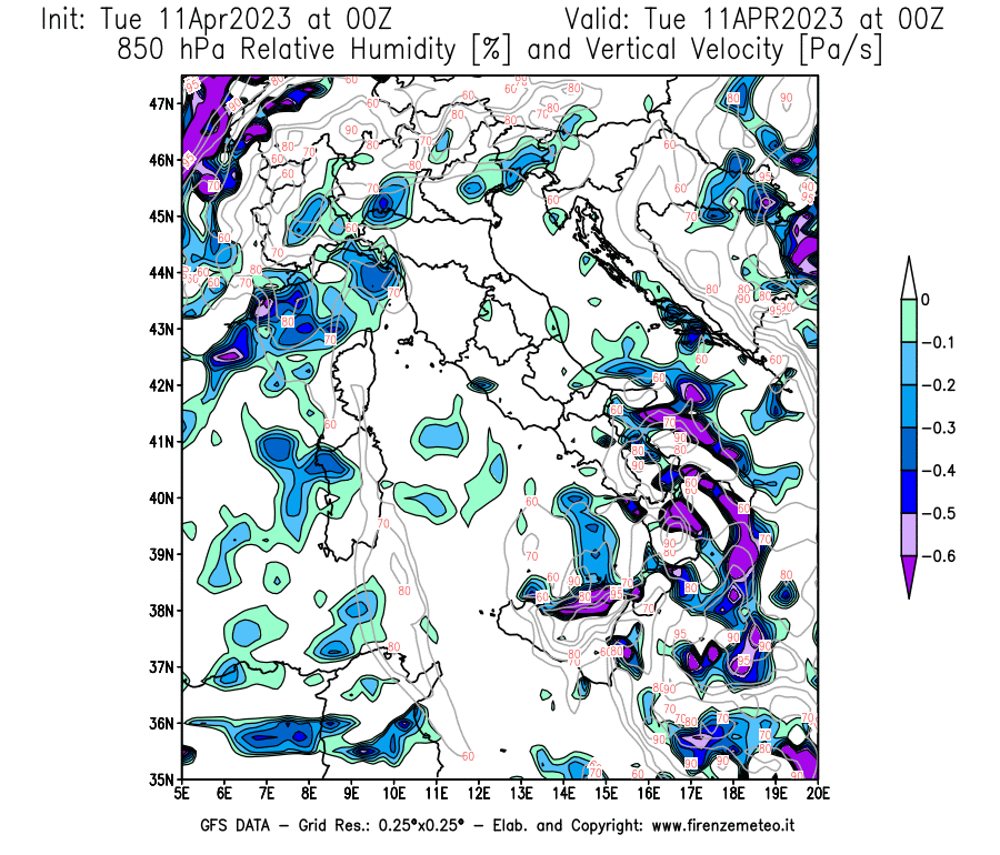 Mappa di analisi GFS - Umidità relativa [%] e Omega [Pa/s] a 850 hPa in Italia
							del 11/04/2023 00 <!--googleoff: index-->UTC<!--googleon: index-->