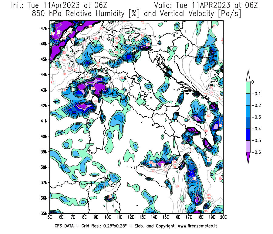 Mappa di analisi GFS - Umidità relativa [%] e Omega [Pa/s] a 850 hPa in Italia
							del 11/04/2023 06 <!--googleoff: index-->UTC<!--googleon: index-->