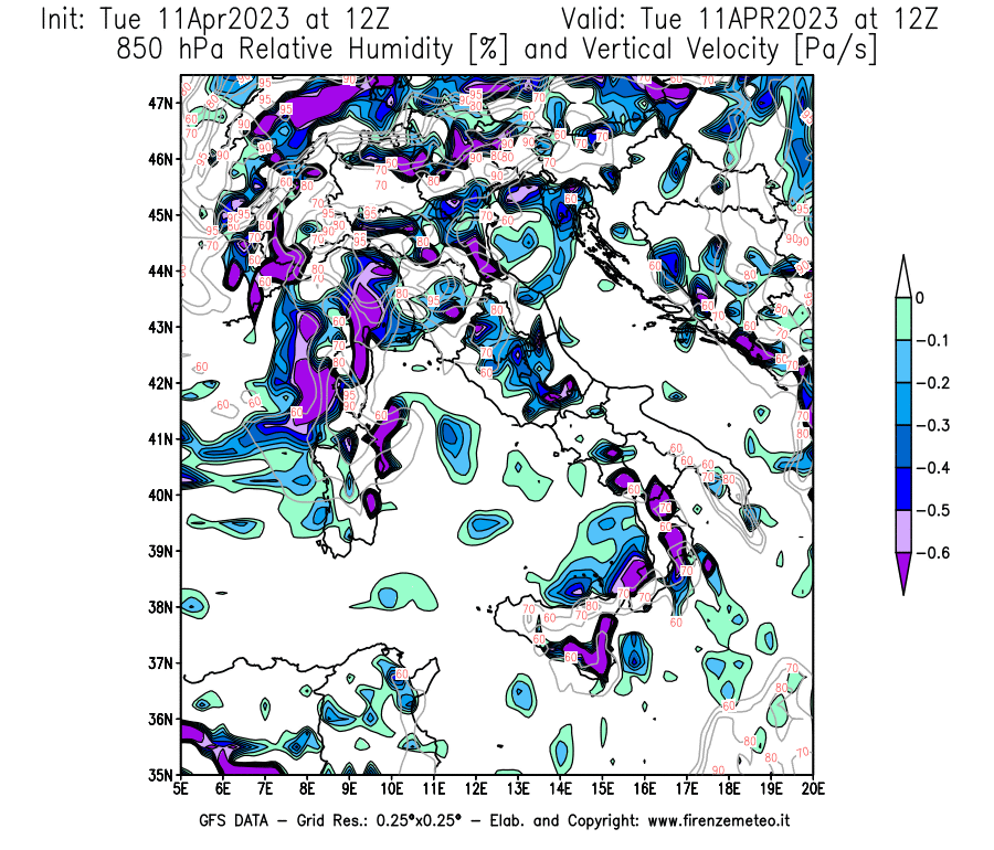 Mappa di analisi GFS - Umidità relativa [%] e Omega [Pa/s] a 850 hPa in Italia
							del 11/04/2023 12 <!--googleoff: index-->UTC<!--googleon: index-->