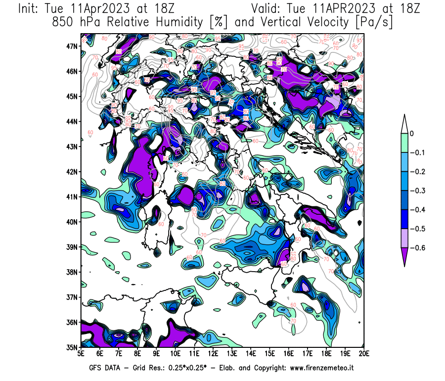 Mappa di analisi GFS - Umidità relativa [%] e Omega [Pa/s] a 850 hPa in Italia
							del 11/04/2023 18 <!--googleoff: index-->UTC<!--googleon: index-->