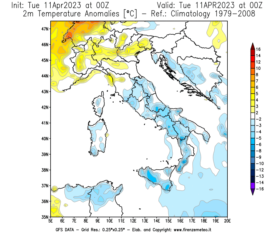 Mappa di analisi GFS - Anomalia Temperatura [°C] a 2 m in Italia
							del 11/04/2023 00 <!--googleoff: index-->UTC<!--googleon: index-->