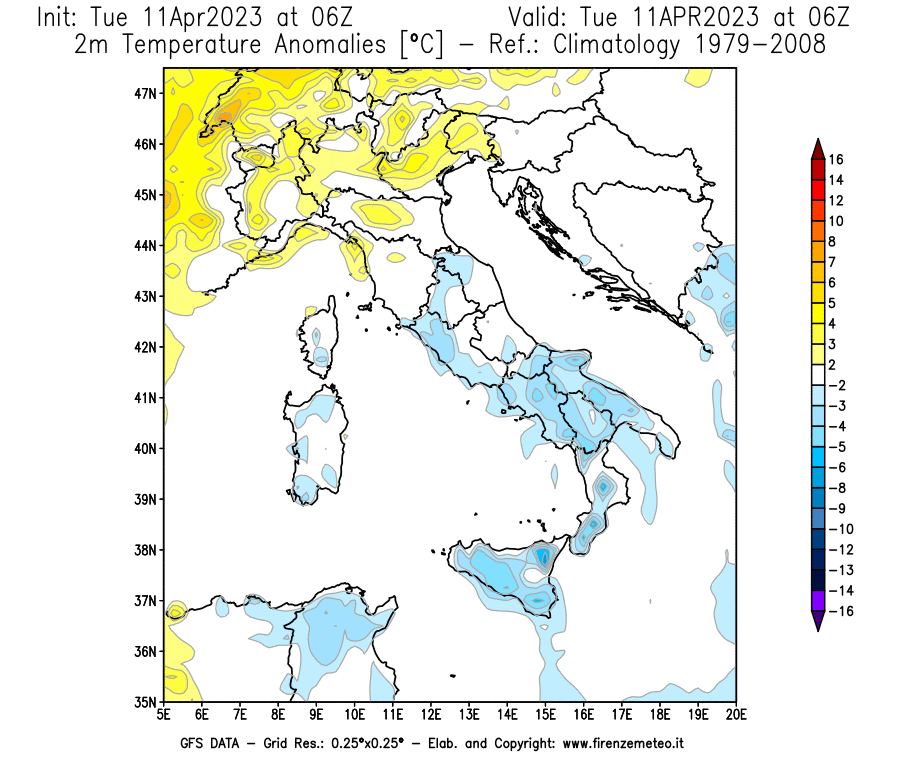 Mappa di analisi GFS - Anomalia Temperatura [°C] a 2 m in Italia
							del 11/04/2023 06 <!--googleoff: index-->UTC<!--googleon: index-->