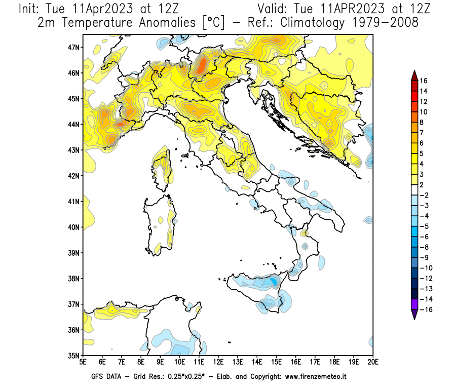 Mappa di analisi GFS - Anomalia Temperatura [°C] a 2 m in Italia
							del 11/04/2023 12 <!--googleoff: index-->UTC<!--googleon: index-->