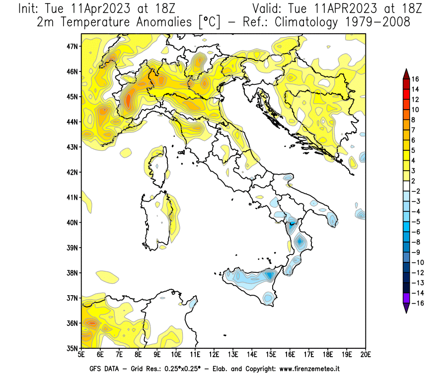 Mappa di analisi GFS - Anomalia Temperatura [°C] a 2 m in Italia
							del 11/04/2023 18 <!--googleoff: index-->UTC<!--googleon: index-->