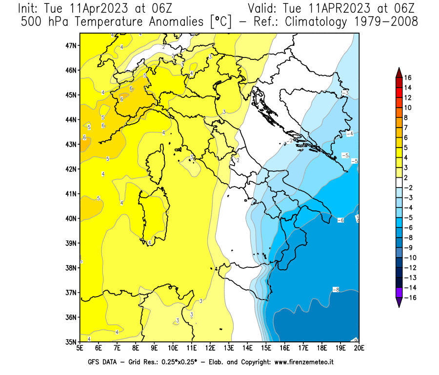 Mappa di analisi GFS - Anomalia Temperatura [°C] a 500 hPa in Italia
							del 11/04/2023 06 <!--googleoff: index-->UTC<!--googleon: index-->