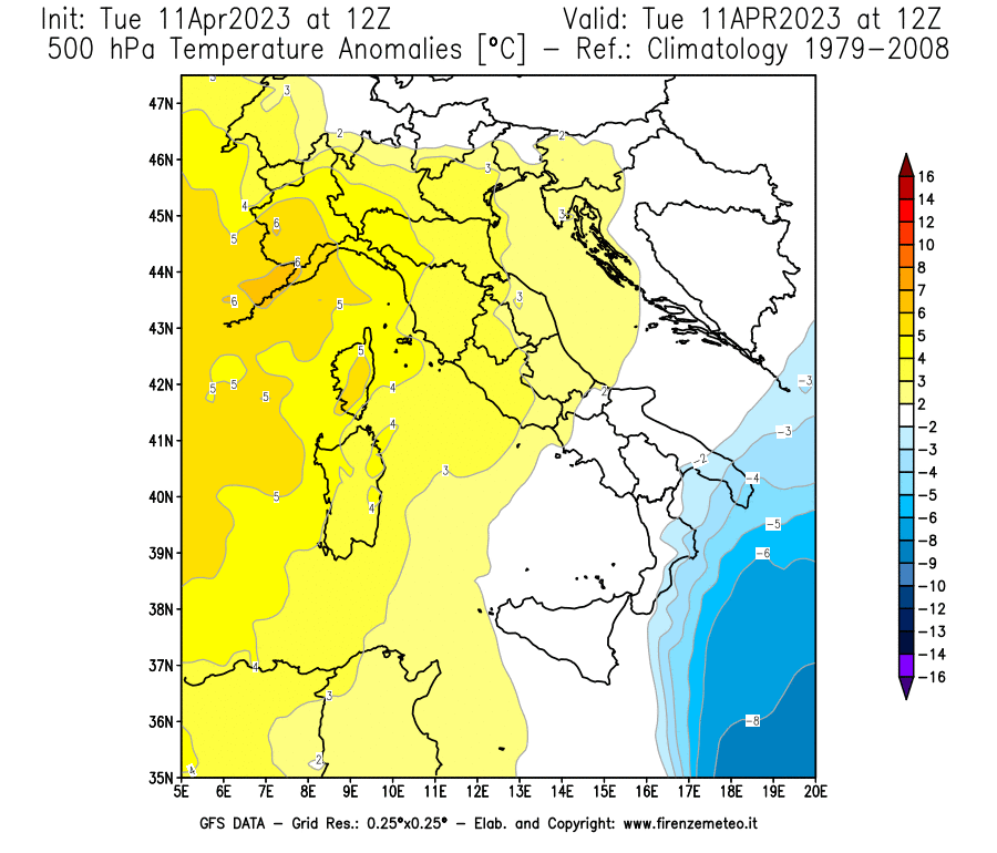 Mappa di analisi GFS - Anomalia Temperatura [°C] a 500 hPa in Italia
							del 11/04/2023 12 <!--googleoff: index-->UTC<!--googleon: index-->