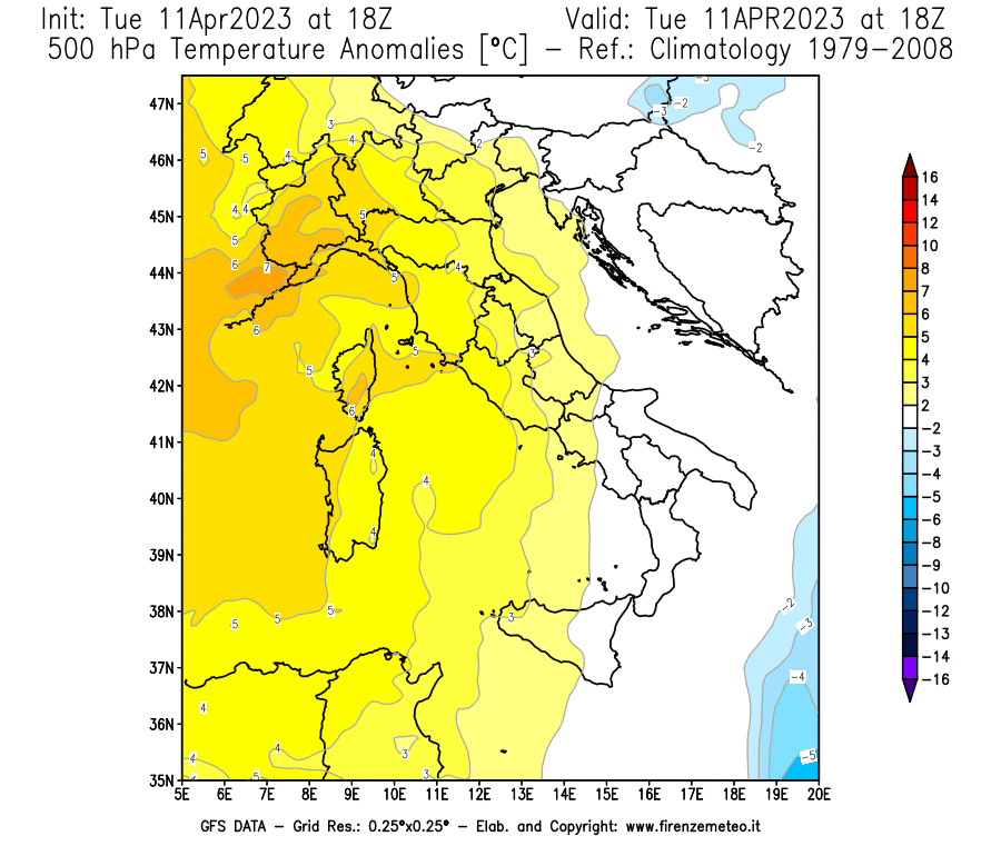 Mappa di analisi GFS - Anomalia Temperatura [°C] a 500 hPa in Italia
							del 11/04/2023 18 <!--googleoff: index-->UTC<!--googleon: index-->