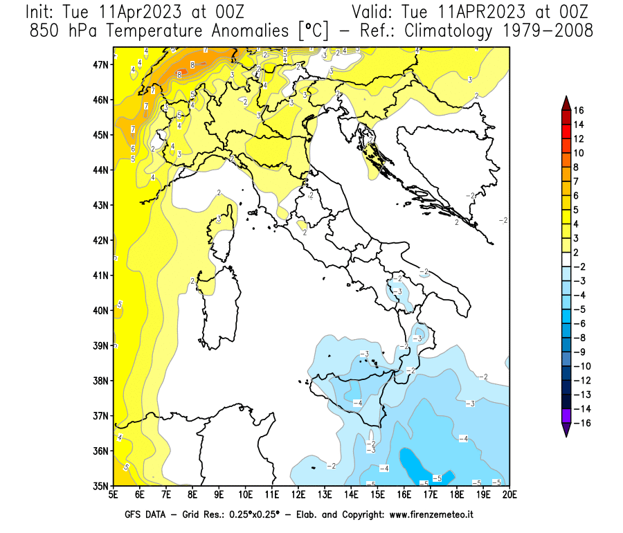 Mappa di analisi GFS - Anomalia Temperatura [°C] a 850 hPa in Italia
							del 11/04/2023 00 <!--googleoff: index-->UTC<!--googleon: index-->
