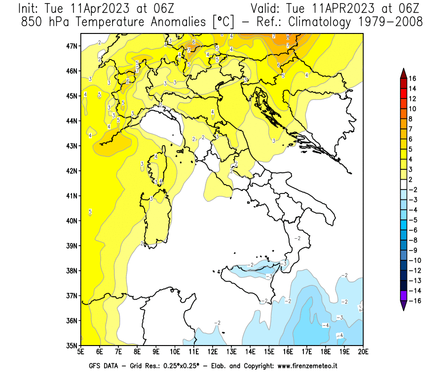 Mappa di analisi GFS - Anomalia Temperatura [°C] a 850 hPa in Italia
							del 11/04/2023 06 <!--googleoff: index-->UTC<!--googleon: index-->