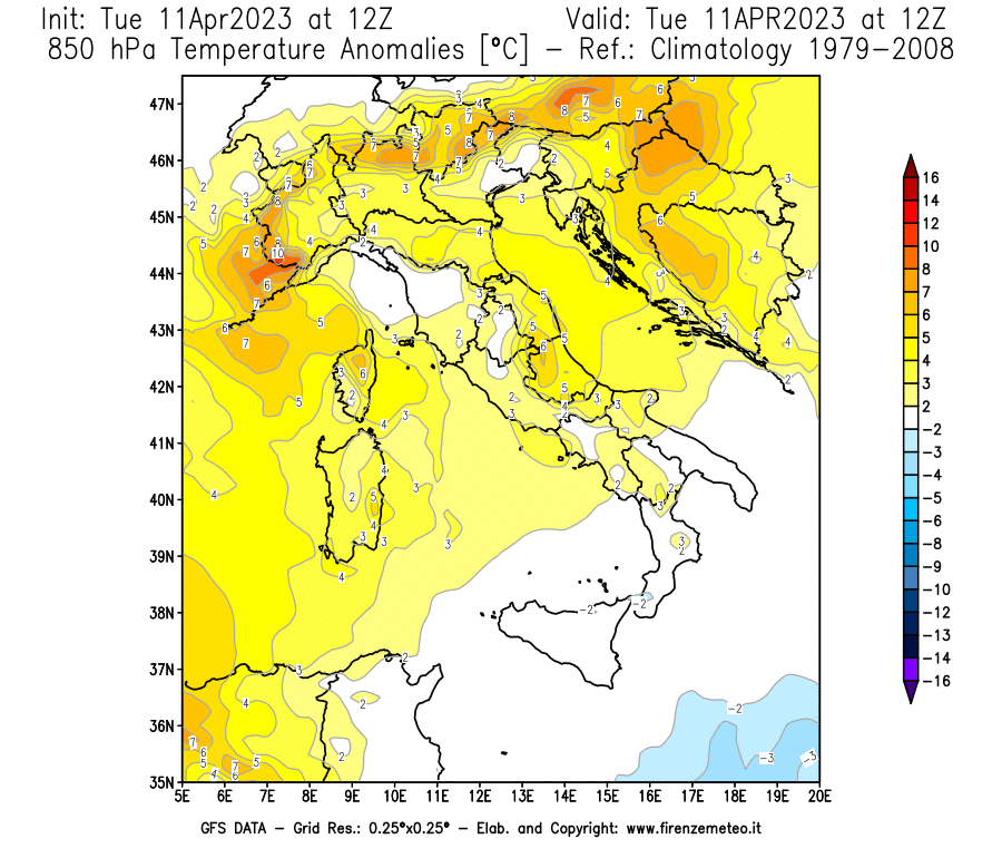 Mappa di analisi GFS - Anomalia Temperatura [°C] a 850 hPa in Italia
							del 11/04/2023 12 <!--googleoff: index-->UTC<!--googleon: index-->
