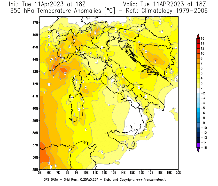 Mappa di analisi GFS - Anomalia Temperatura [°C] a 850 hPa in Italia
							del 11/04/2023 18 <!--googleoff: index-->UTC<!--googleon: index-->