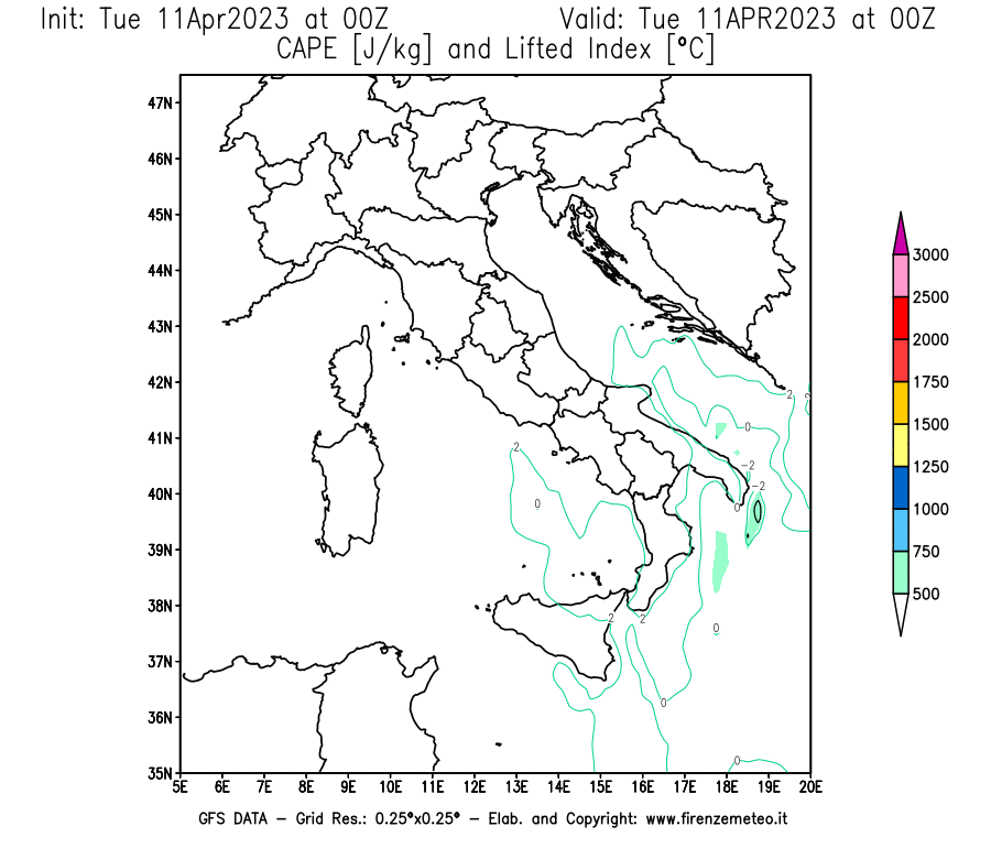 Mappa di analisi GFS - CAPE [J/kg] e Lifted Index [°C] in Italia
							del 11/04/2023 00 <!--googleoff: index-->UTC<!--googleon: index-->