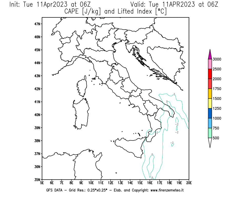 Mappa di analisi GFS - CAPE [J/kg] e Lifted Index [°C] in Italia
							del 11/04/2023 06 <!--googleoff: index-->UTC<!--googleon: index-->